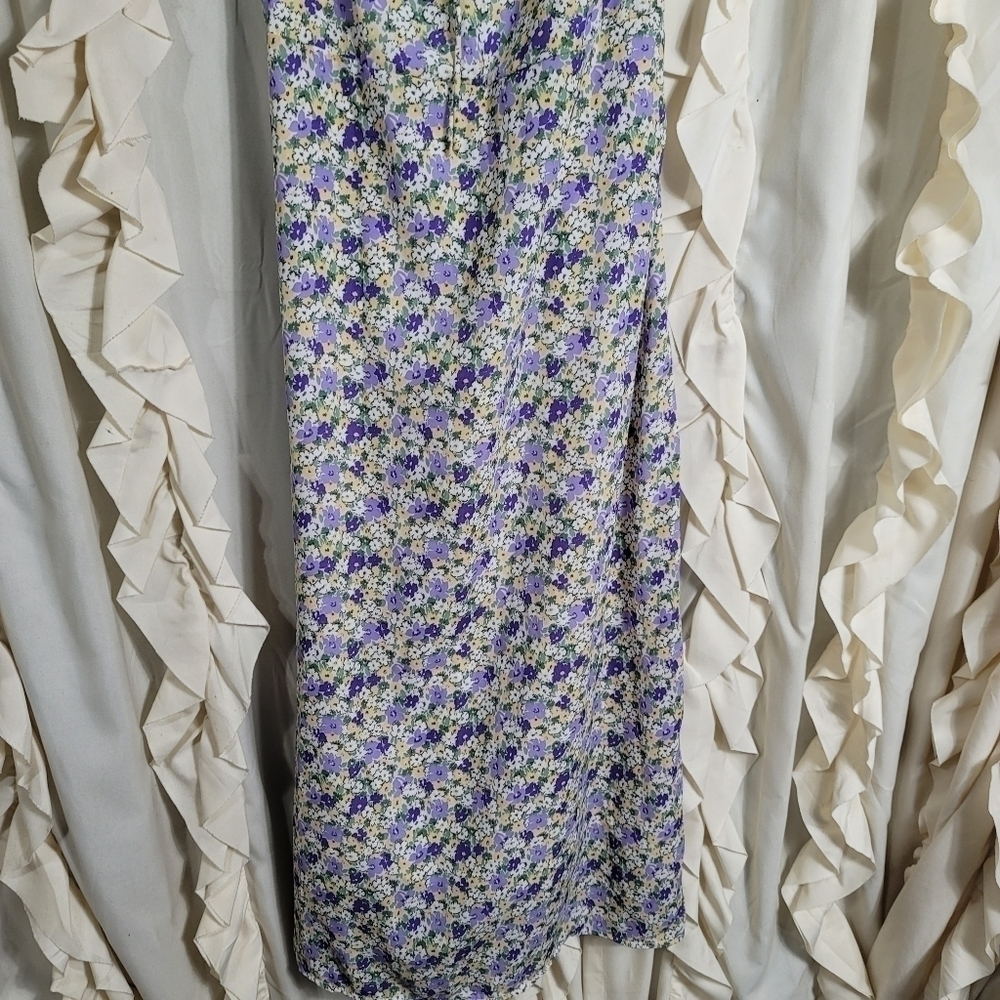 Whyte Valentyne Ditsy Floral Midi Dress Smocked Adjustable Straps Purple Yellow - Picture 3 of 9